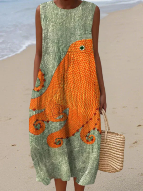 Oceanic Sleeveless Midi Dress for Women, Stylish Style