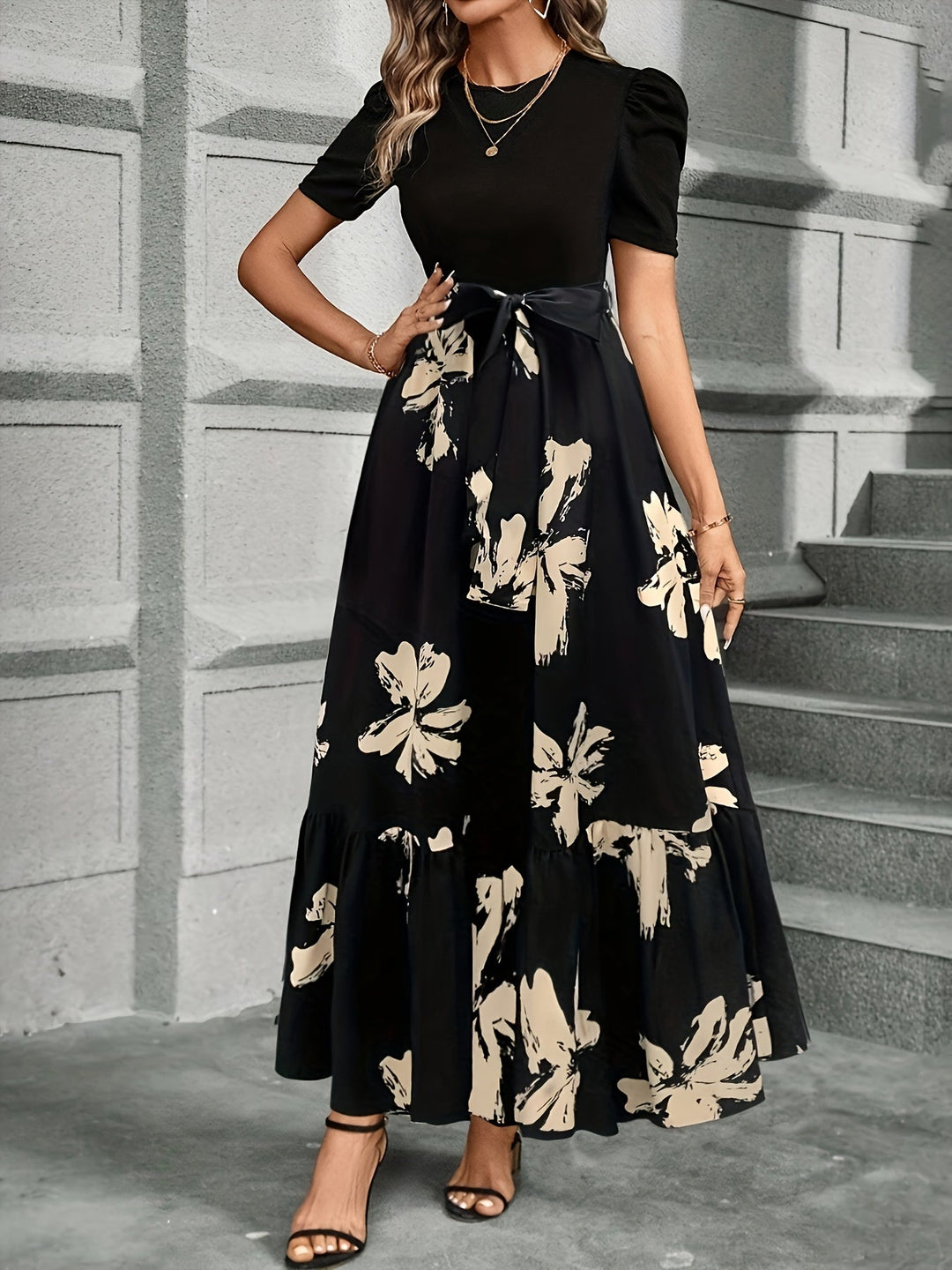 Black Flowing Puff-Sleeve Maxi Dress for Women
