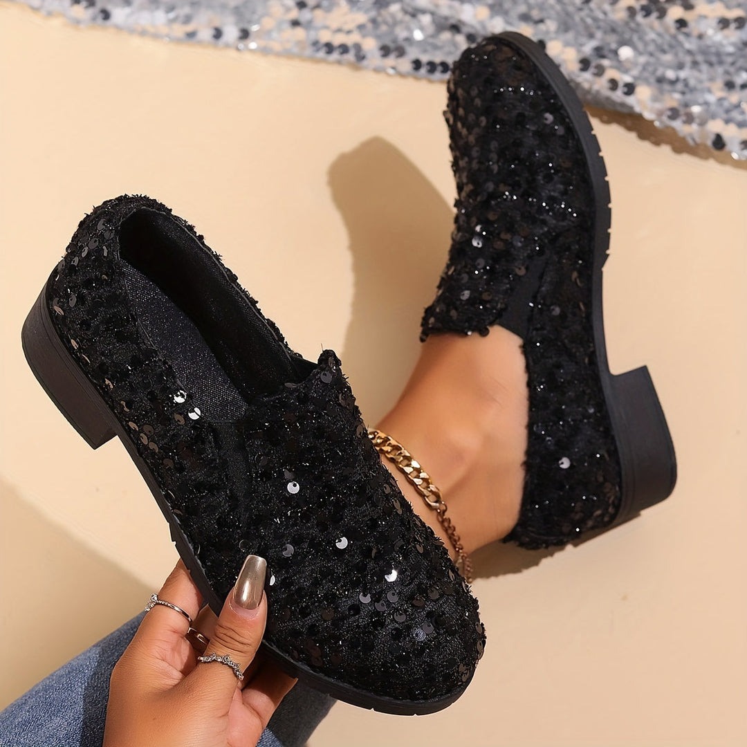 Black Sparkling Slip-On Loafers for Women