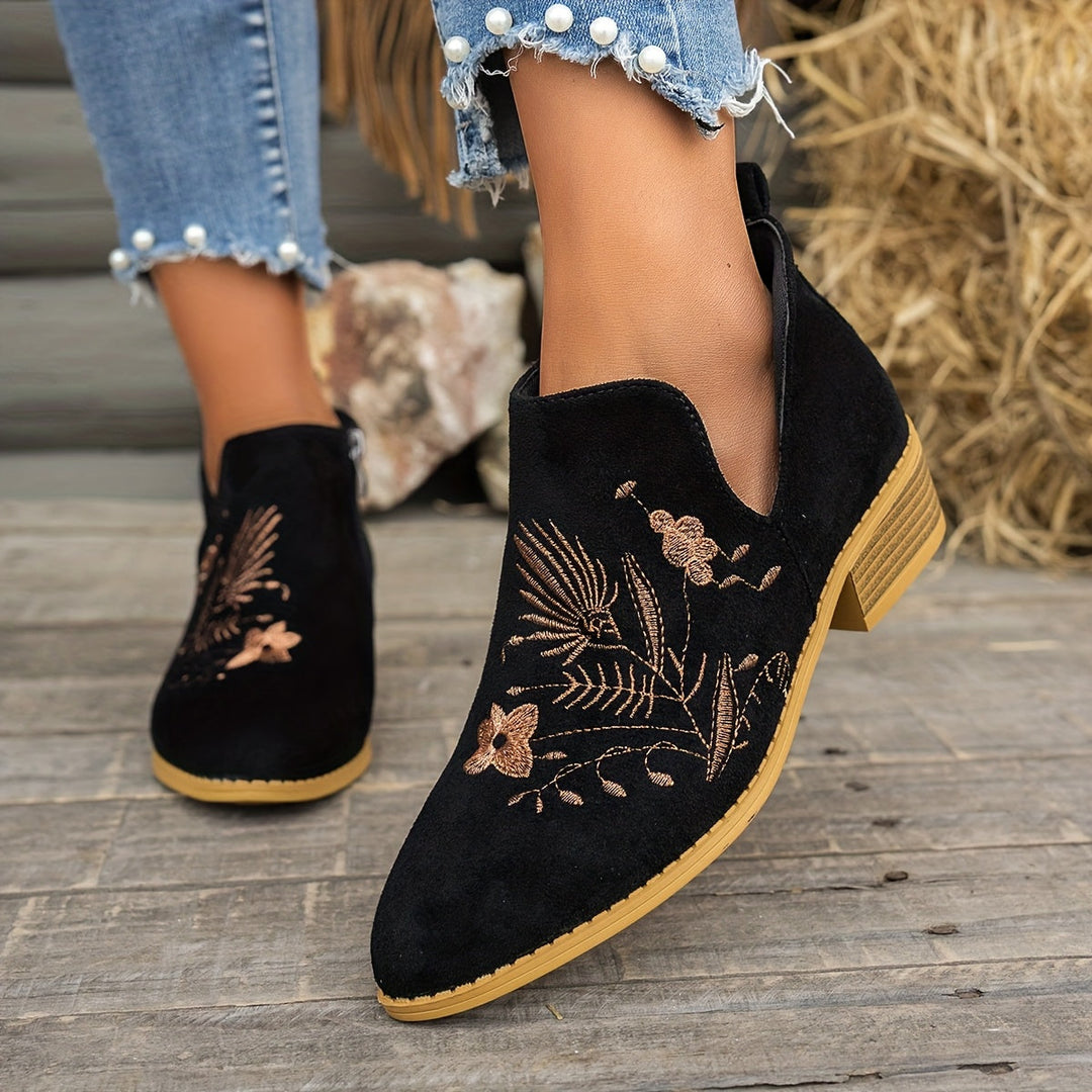 Embroidered Low-Heel Ankle Boots for Women
