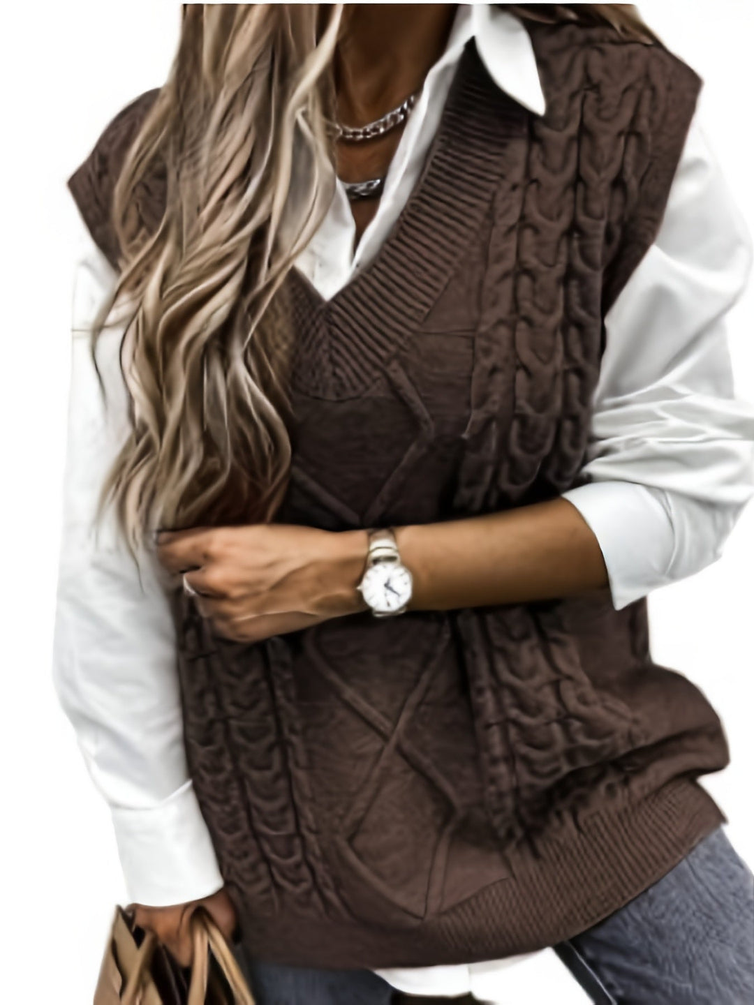 Ladies Cozy Cable-Knit V-Neck Sweater Vest