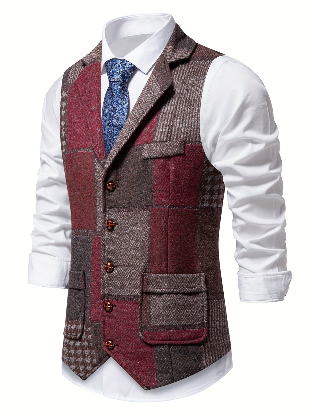 Patchwork Vest with Herringbone Pattern for Men