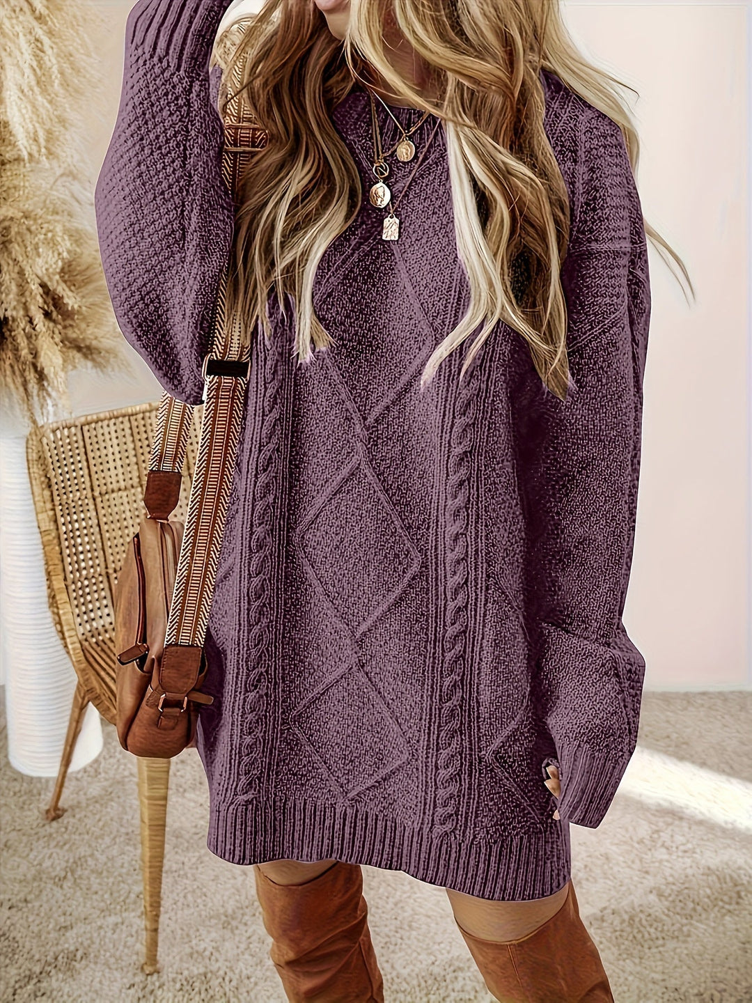 Purple Cable-Knit Sweater Dress for Women