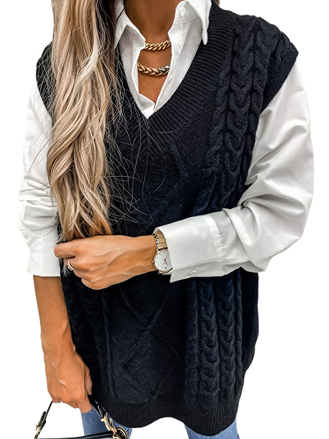 Ladies Cozy Cable-Knit V-Neck Sweater Vest