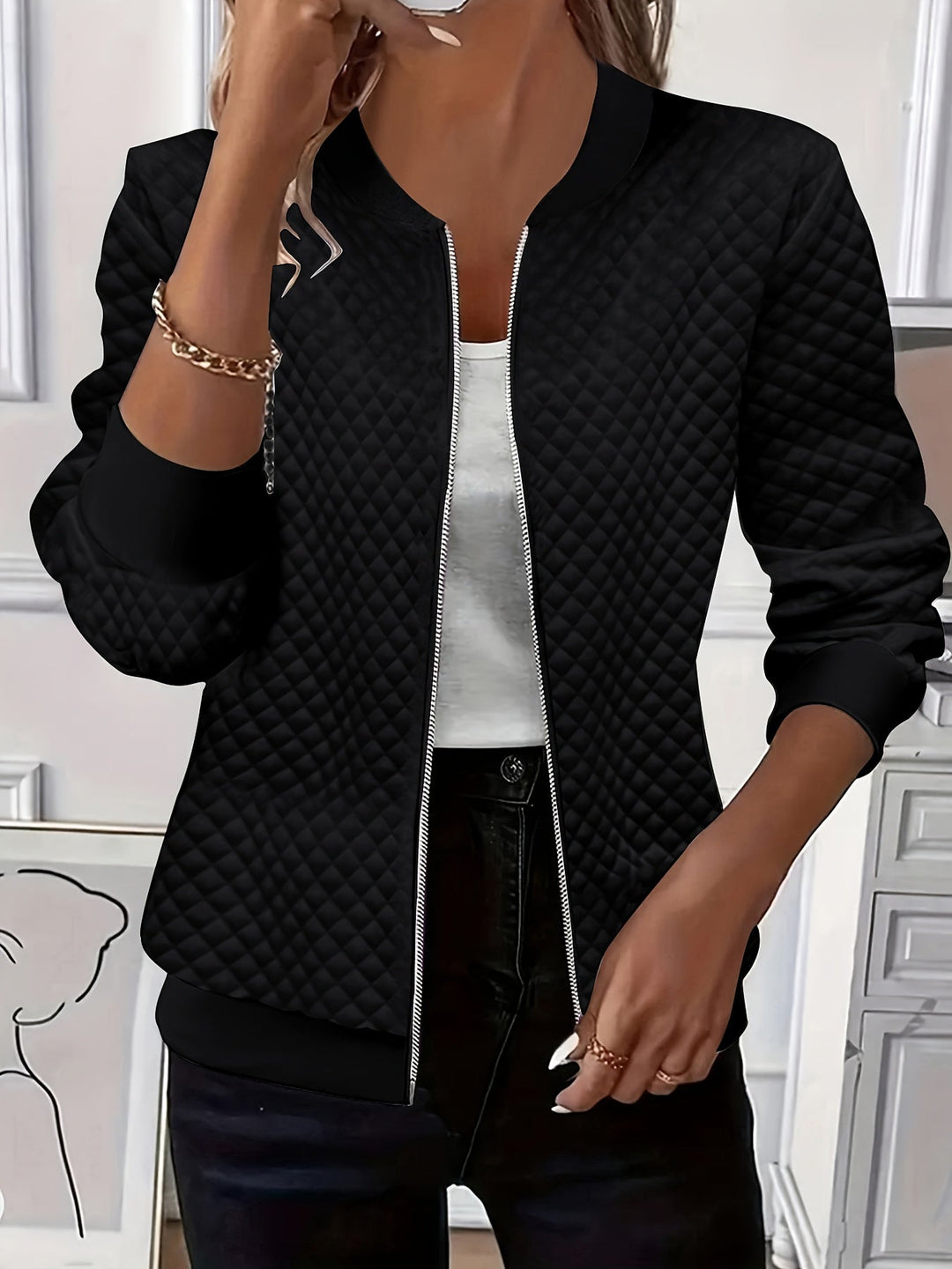 Quilted-Texture Baseball Jacket for Women