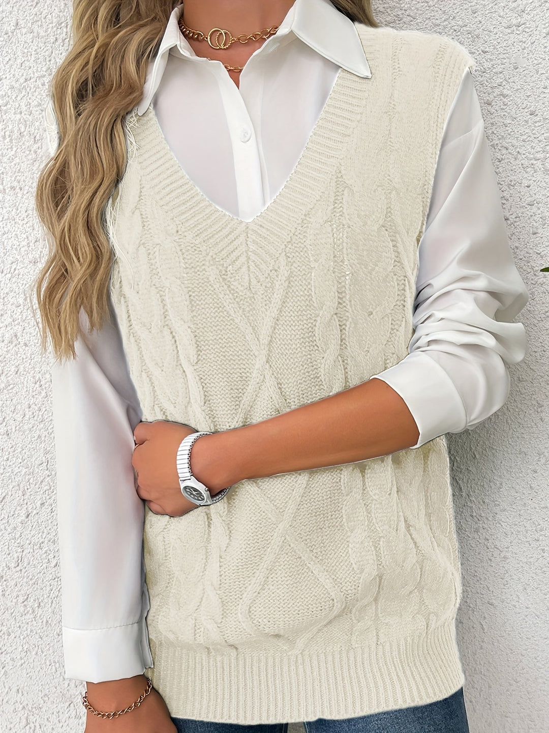 Ladies Cozy Cable-Knit V-Neck Sweater Vest
