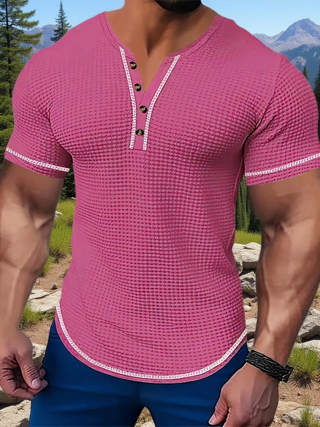 Textured Short Sleeve Henley Shirt for Men