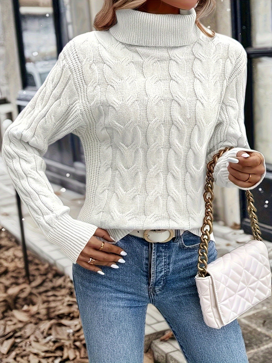 Cable-Knit Turtleneck Sweater for Women, Cozy Style