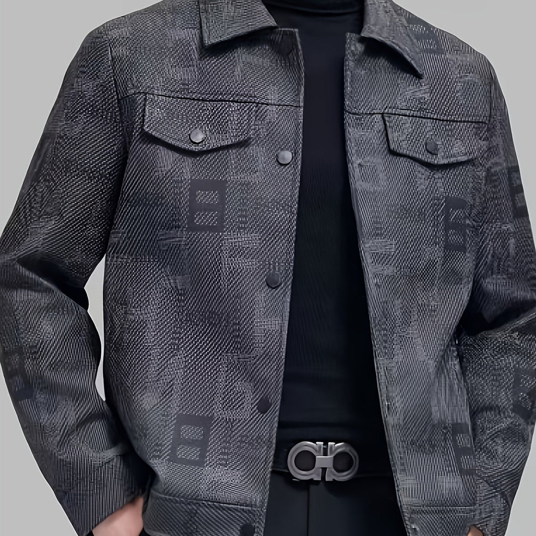 Black Patterned Trucker Jacket for Men