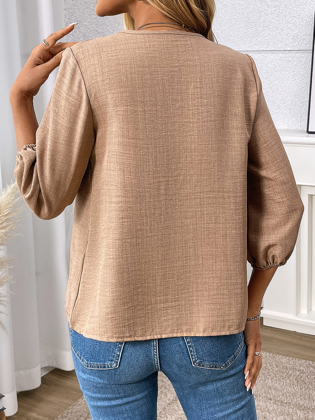 Khaki Zip-Front V-Neck Blouse for Women
