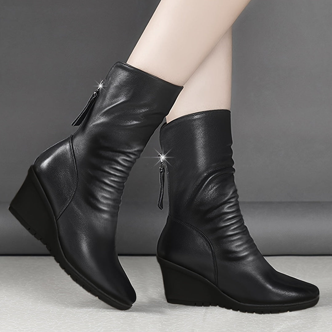 Black Sleek Wedge Mid-Calf Boots for Women