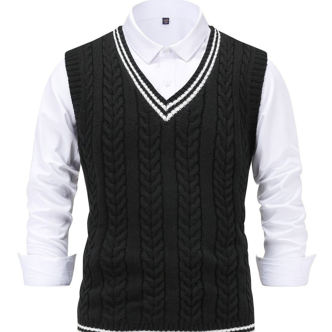 Cable-Knit V-Neck Sweater Vest for Men, Dark Gray