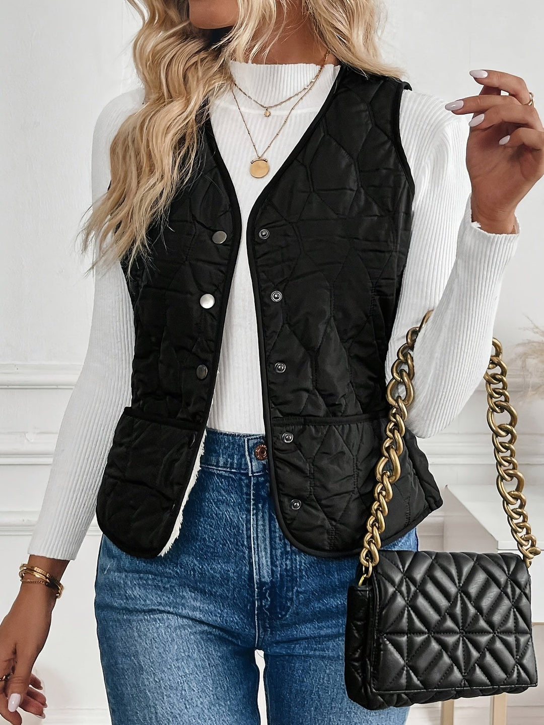 Black Reversible Quilted Vest for Women