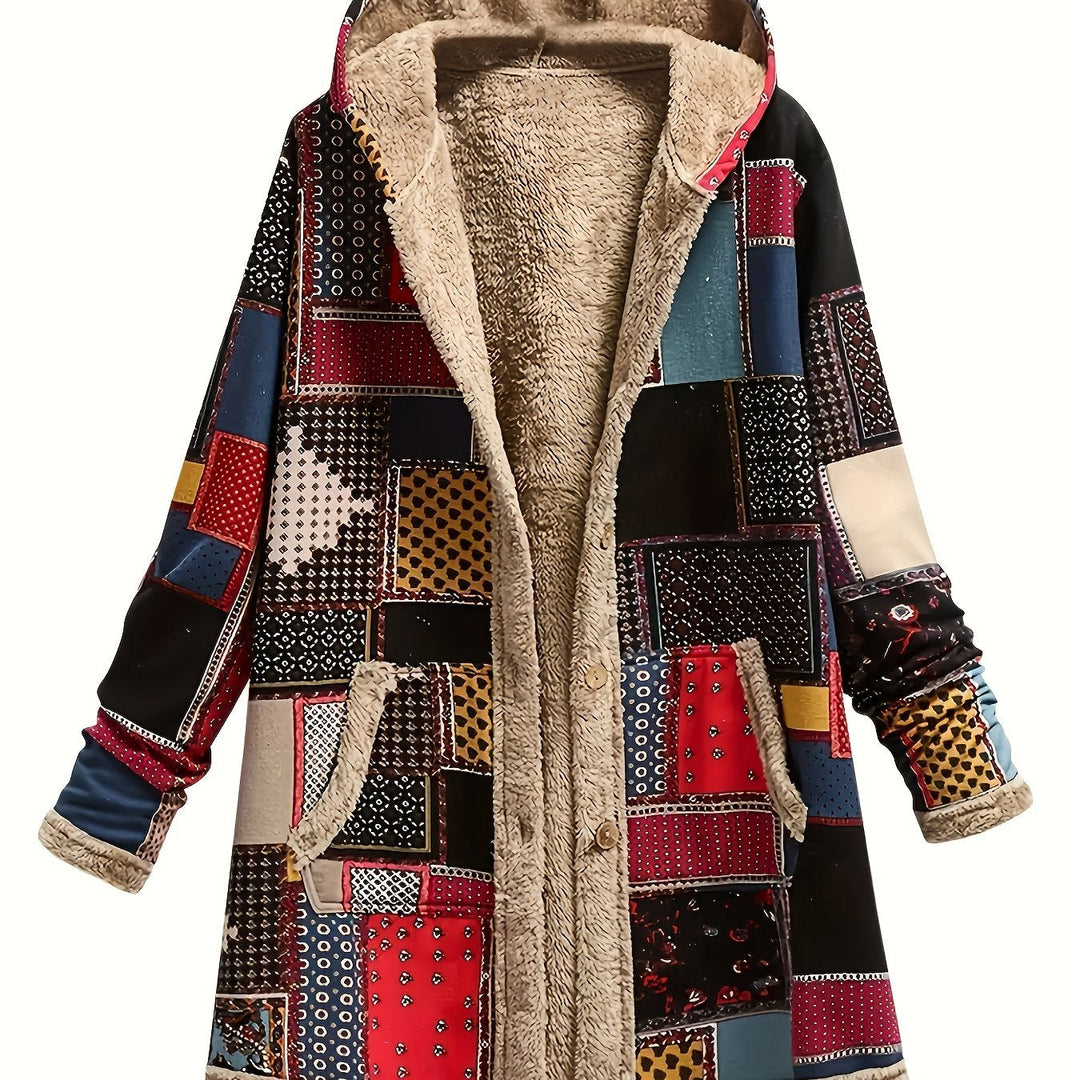 Multicolour Print Patchwork Hooded Jacket for Women