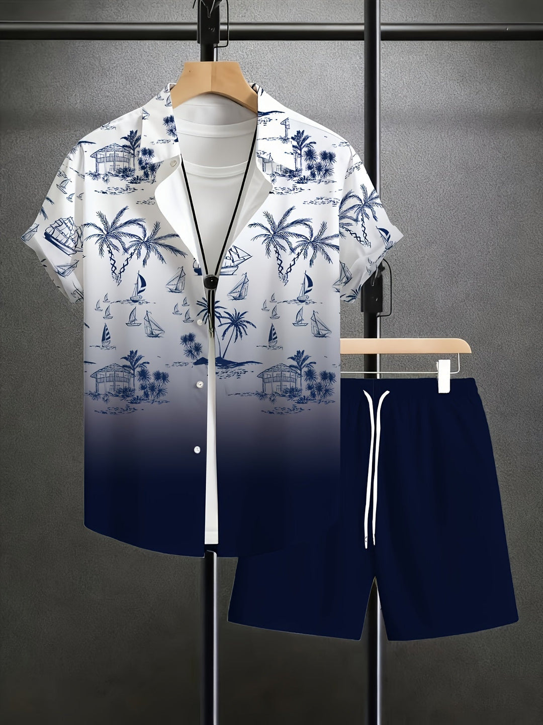 Coastal Print Shirt and Shorts Set for Men