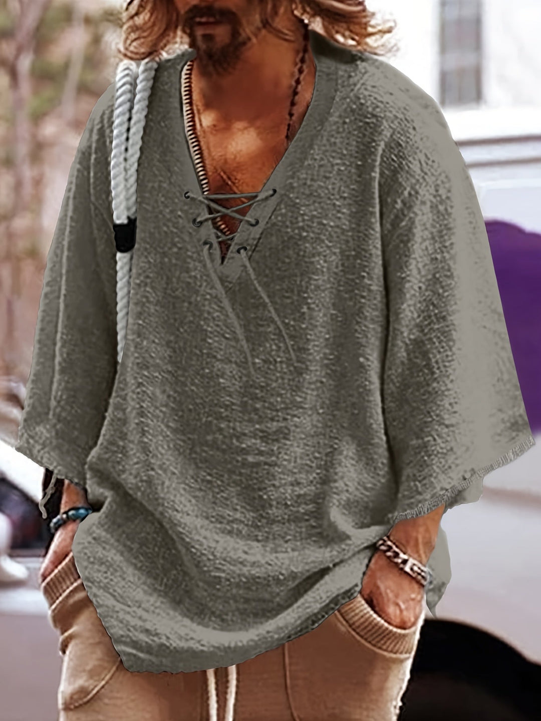 Lace-Up V-Neck Shirt for Men, Relaxed Style