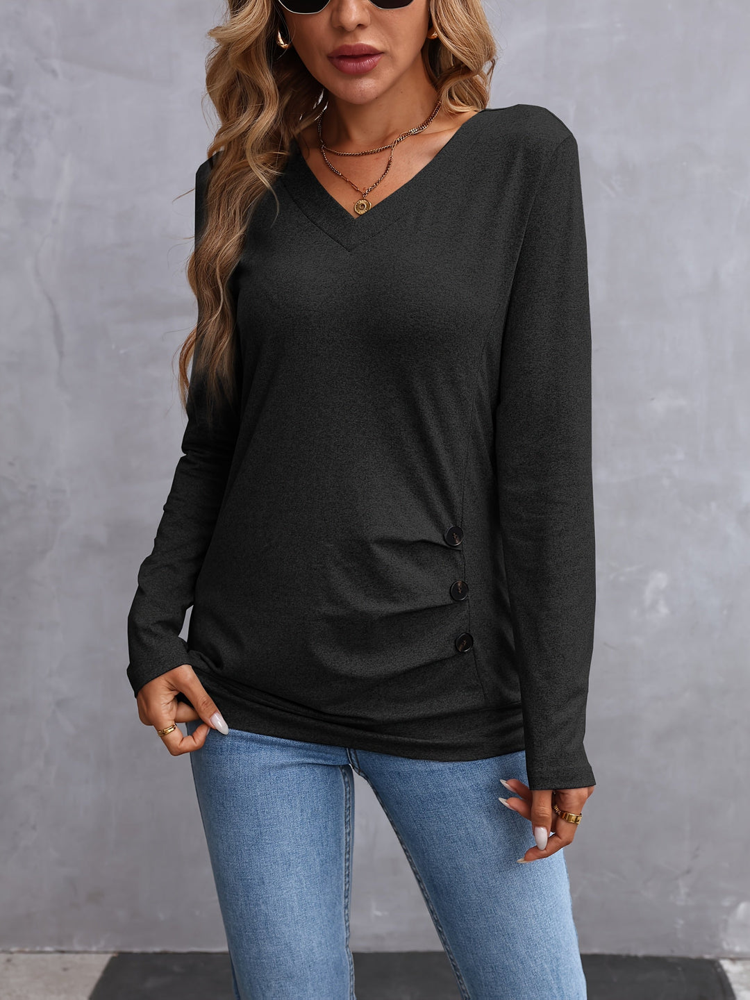 Side-Button V-Neck Long Sleeve Top for Women
