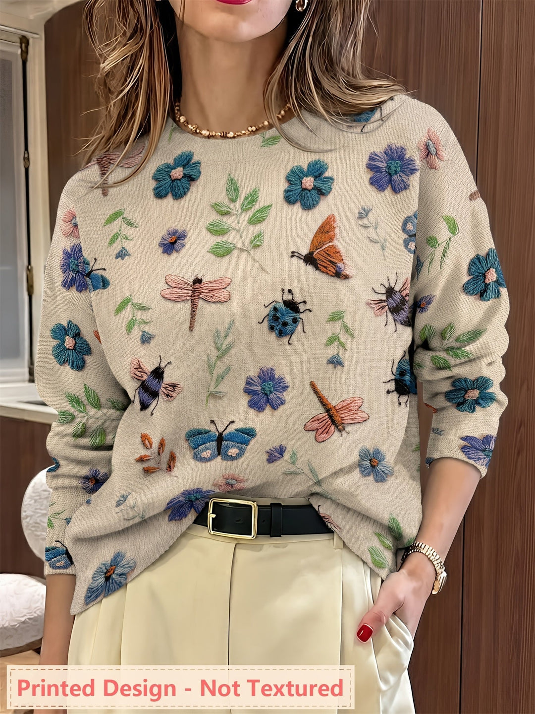 Botanical Print Crewneck Sweater for Women