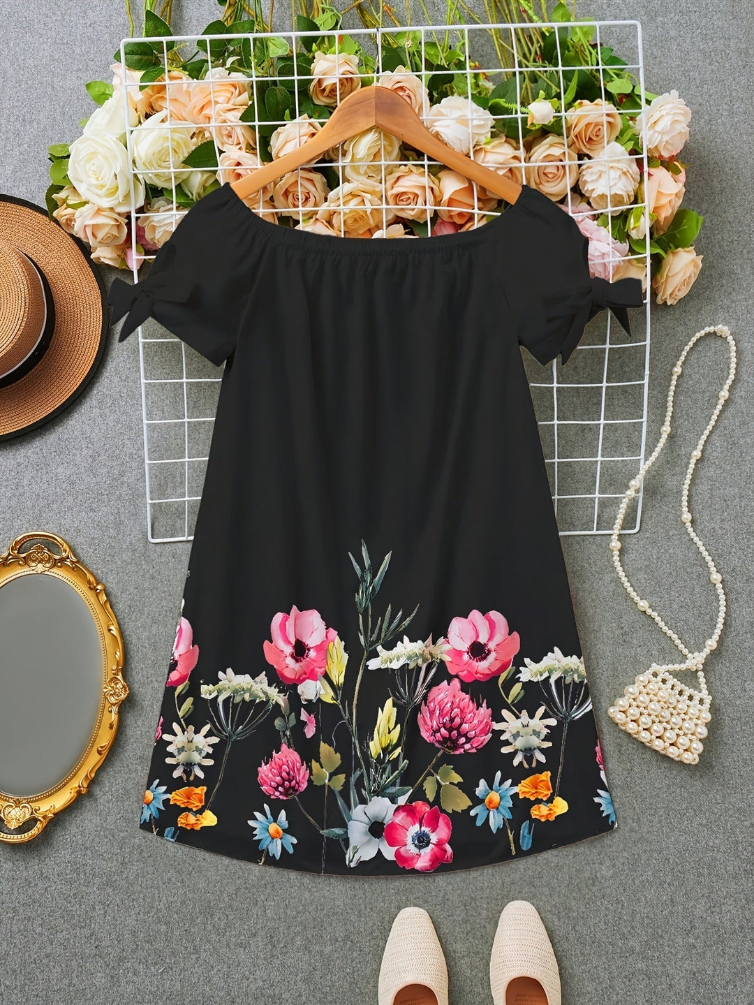 Women's Off-Shoulder Floral Bow Dress