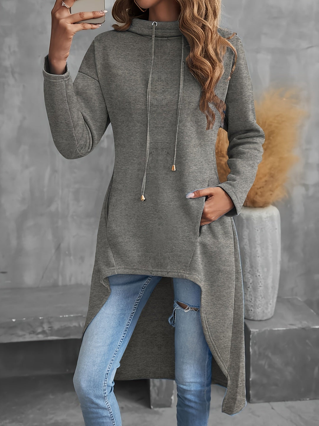 High-Low Drawstring Hoodie for Women