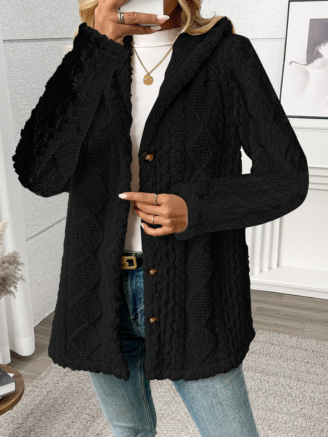 Button-Front Coat for Women, Textured Style