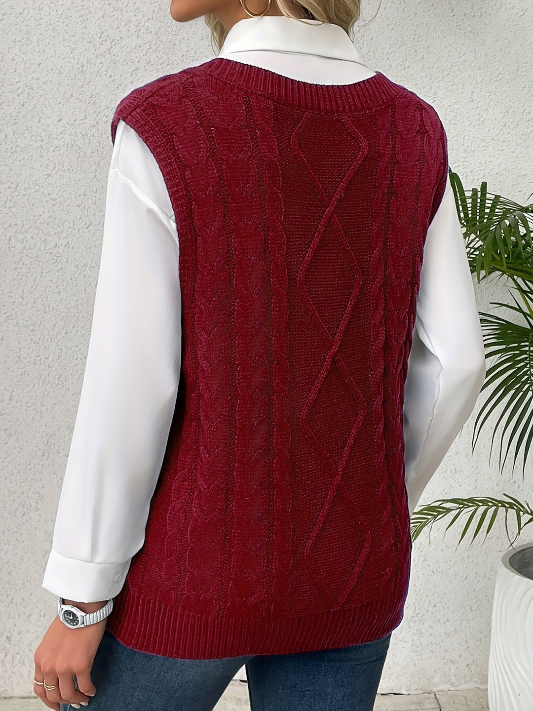 Ladies Cozy Cable-Knit V-Neck Sweater Vest