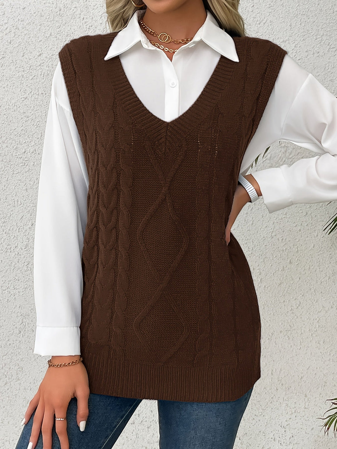 Ladies Cozy Cable-Knit V-Neck Sweater Vest