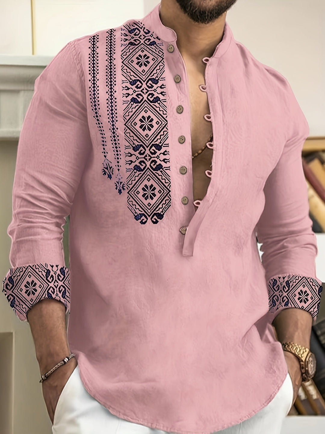 Patterned Long Sleeve Henley Shirt for Men