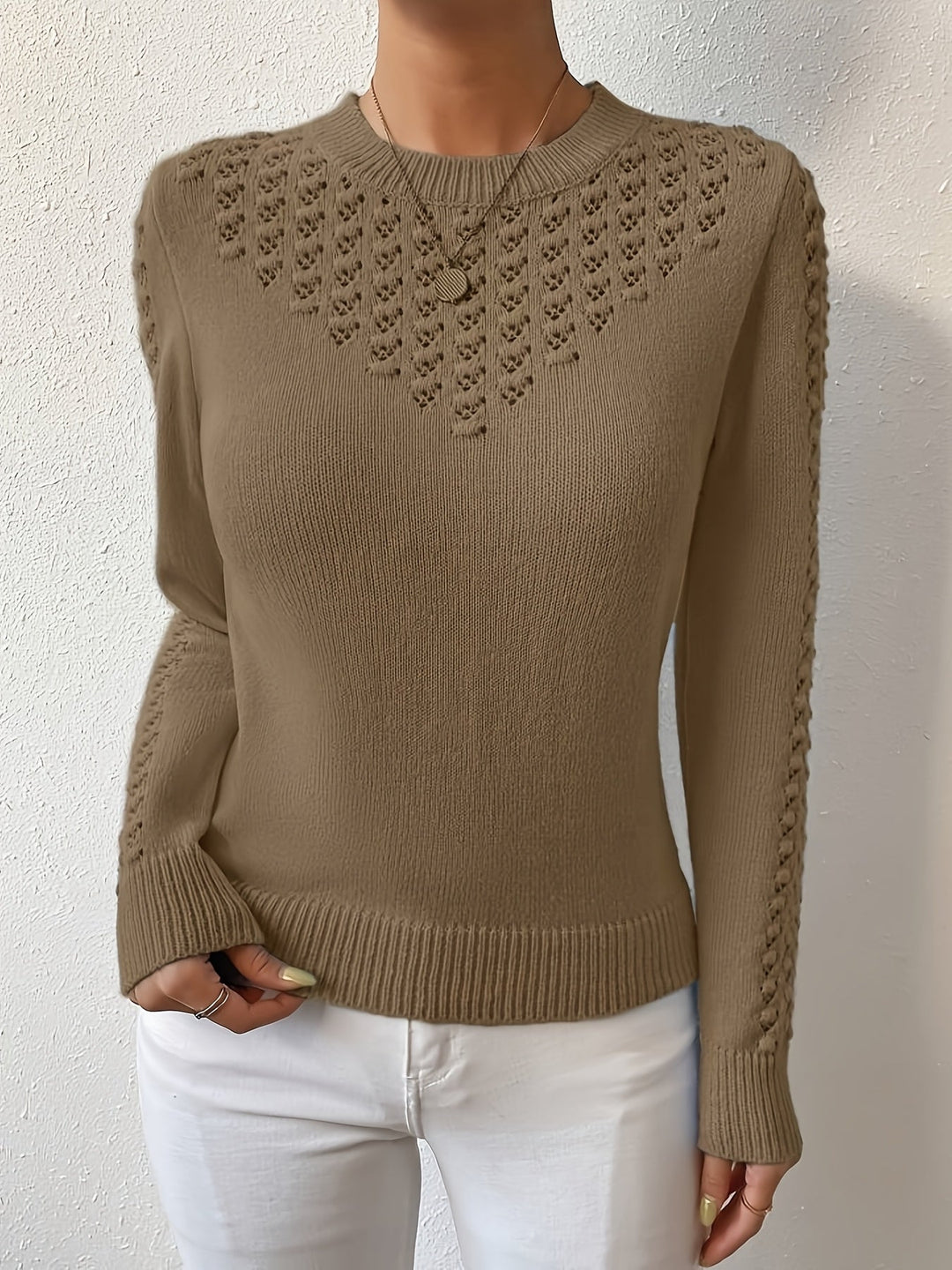 Pointelle-Knit Round Neck Sweater for Women