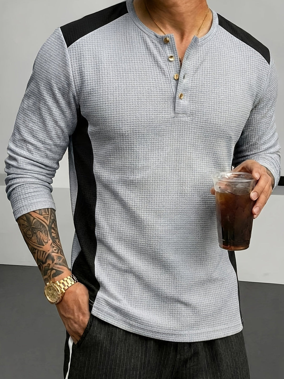 Textured Long-Sleeve Henley for Men, Plus Size