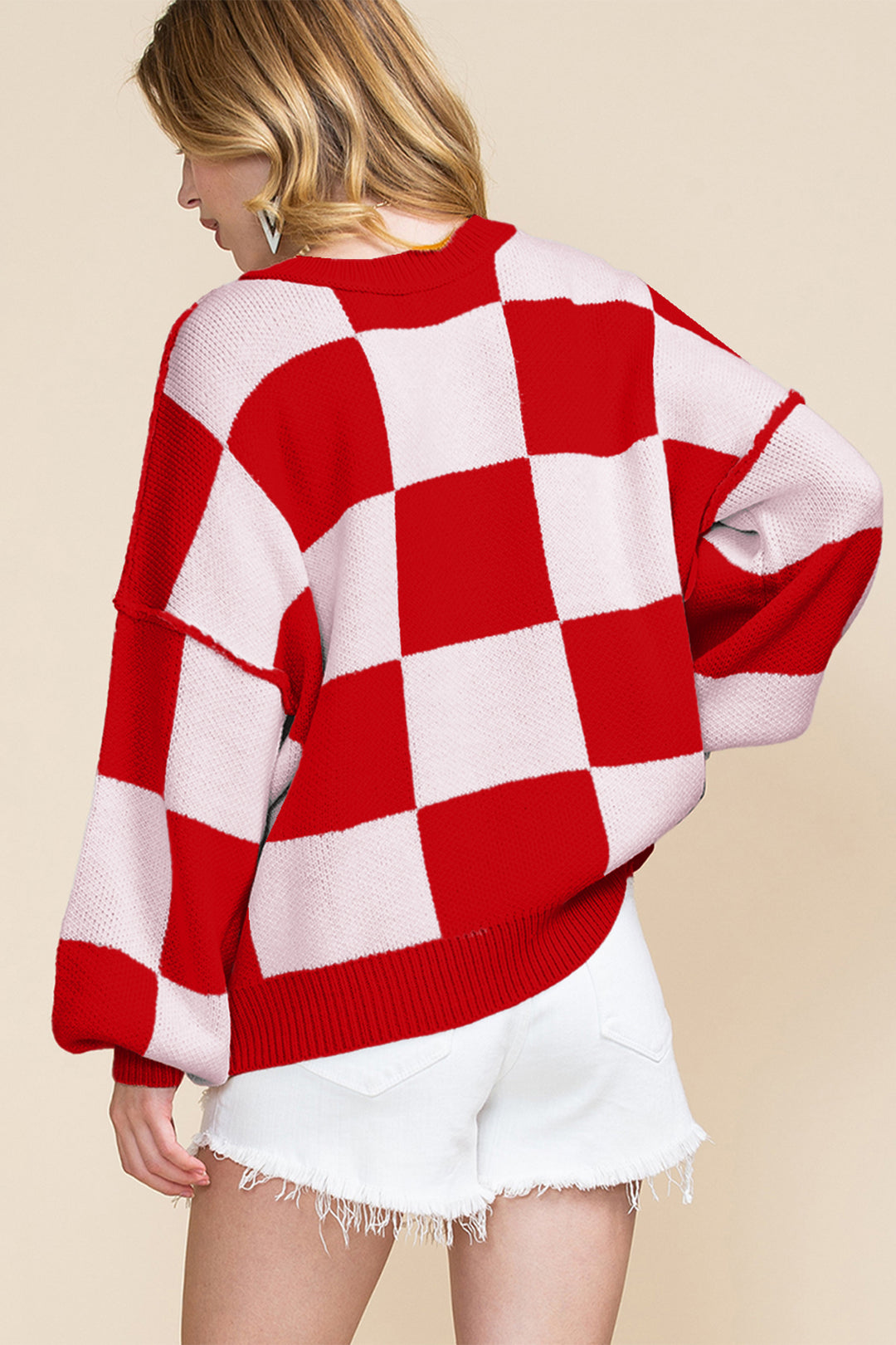Women's Balloon Sleeve Plaid Sweater