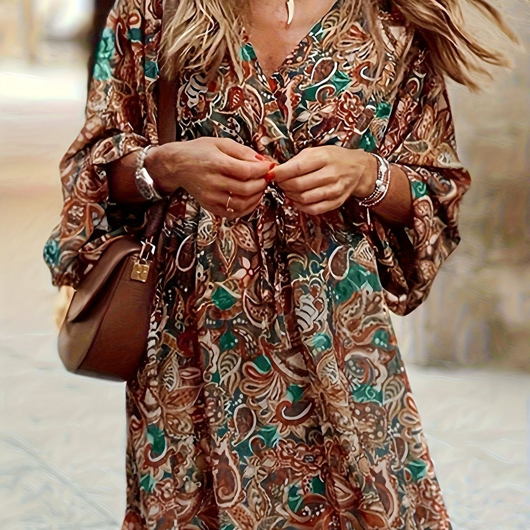 Mixed colors Bohemian Print V-Neck Dress for Women