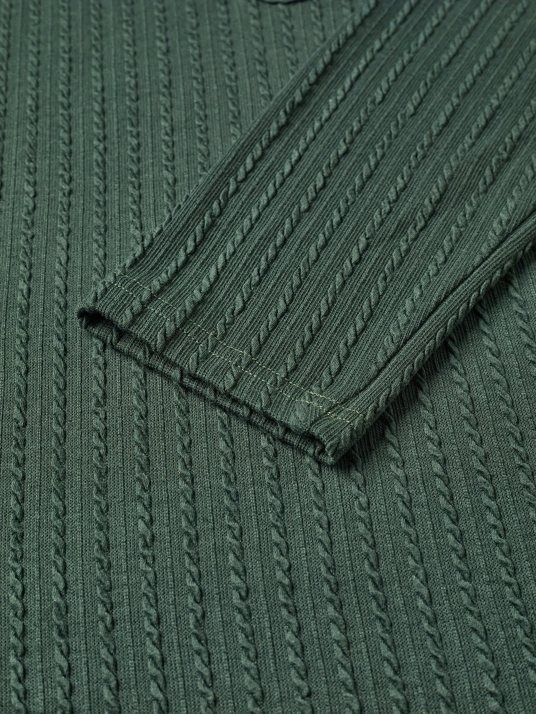 Dark Green Hooded Textured Henley for Men