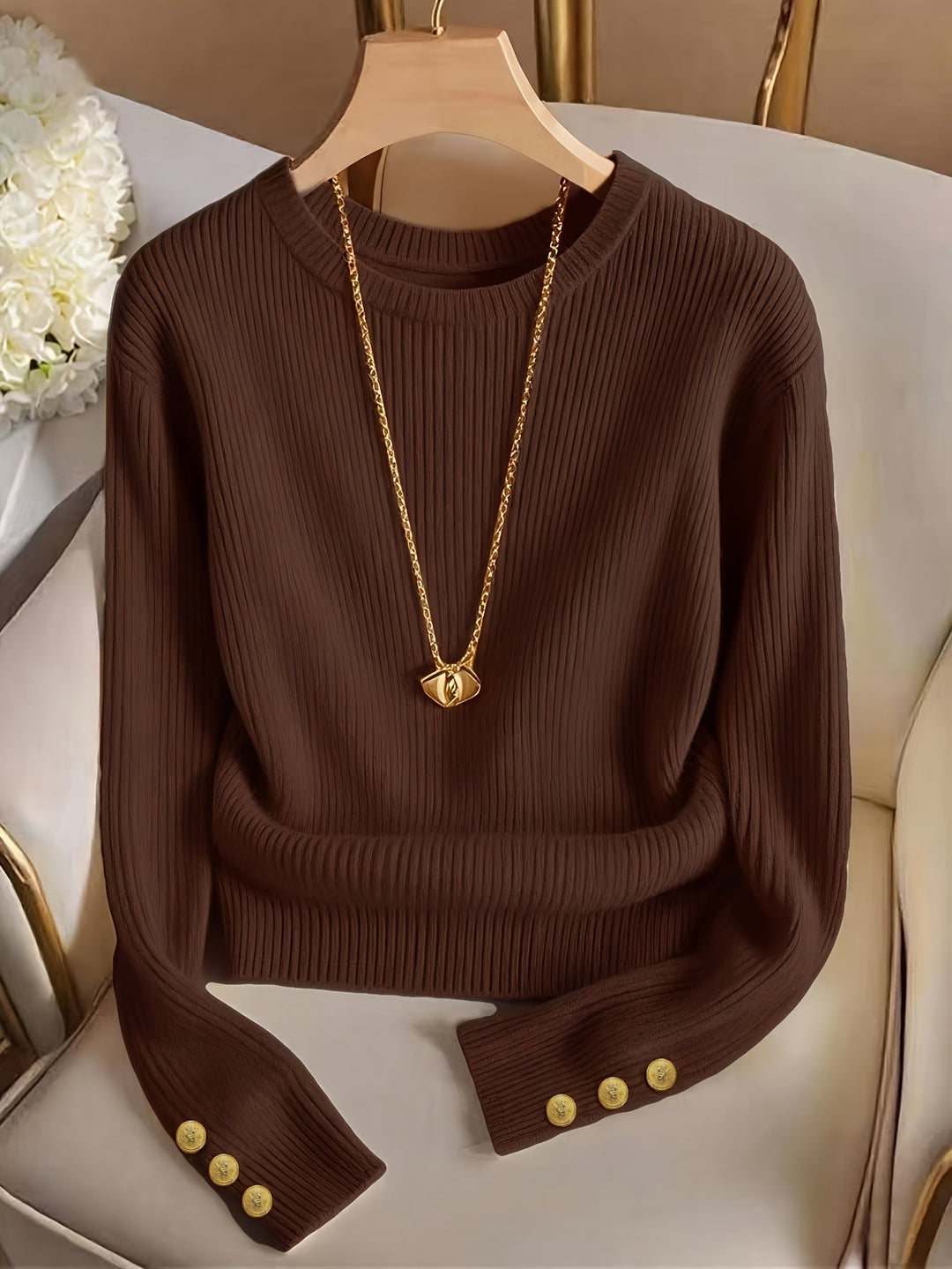 Ribbed Button-Cuff Sweater for Women