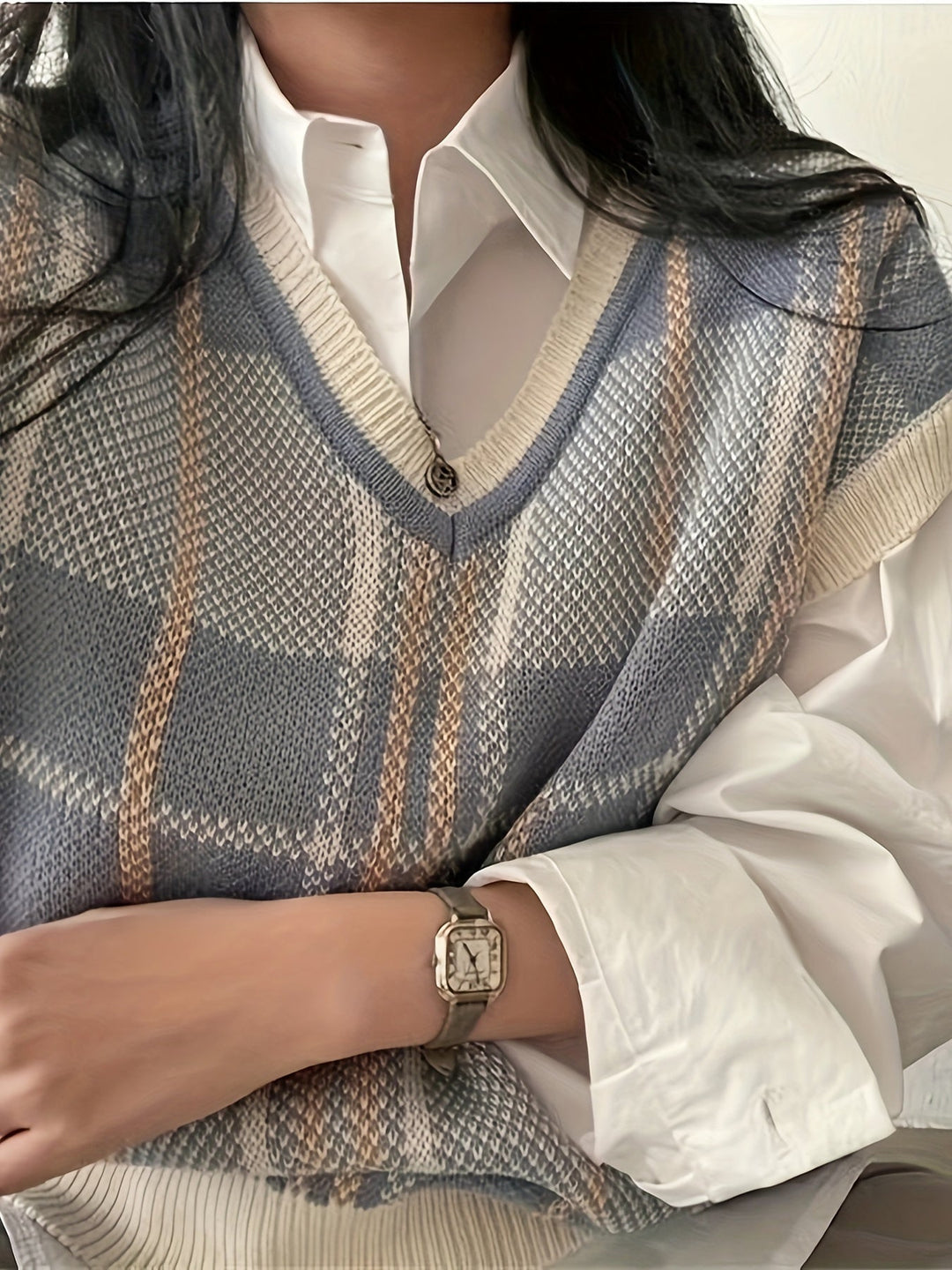 Plaid V-Neck Sweater Vest, Women's Vintage Fit