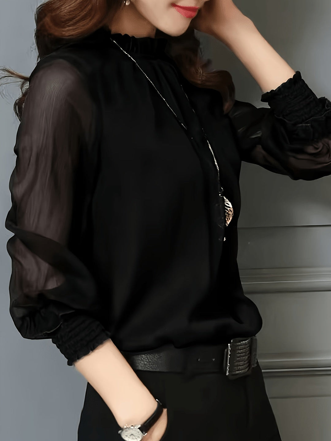 Stand-Collar Long-Sleeve Blouse for Women