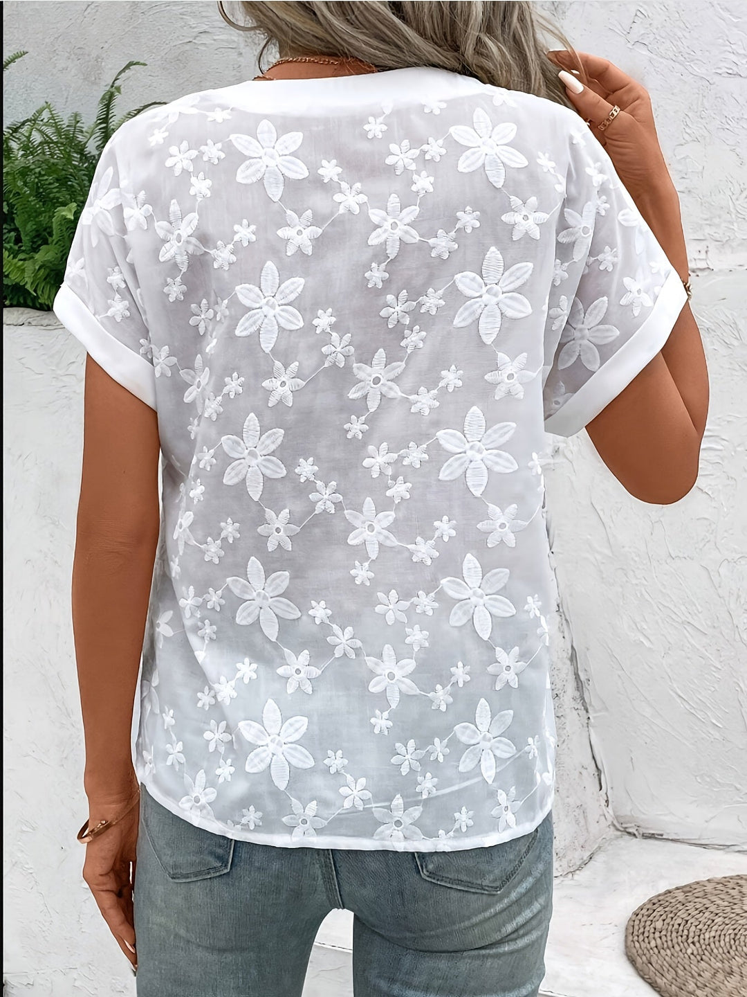 White Floral Embroidered V-Neck Blouse for Women