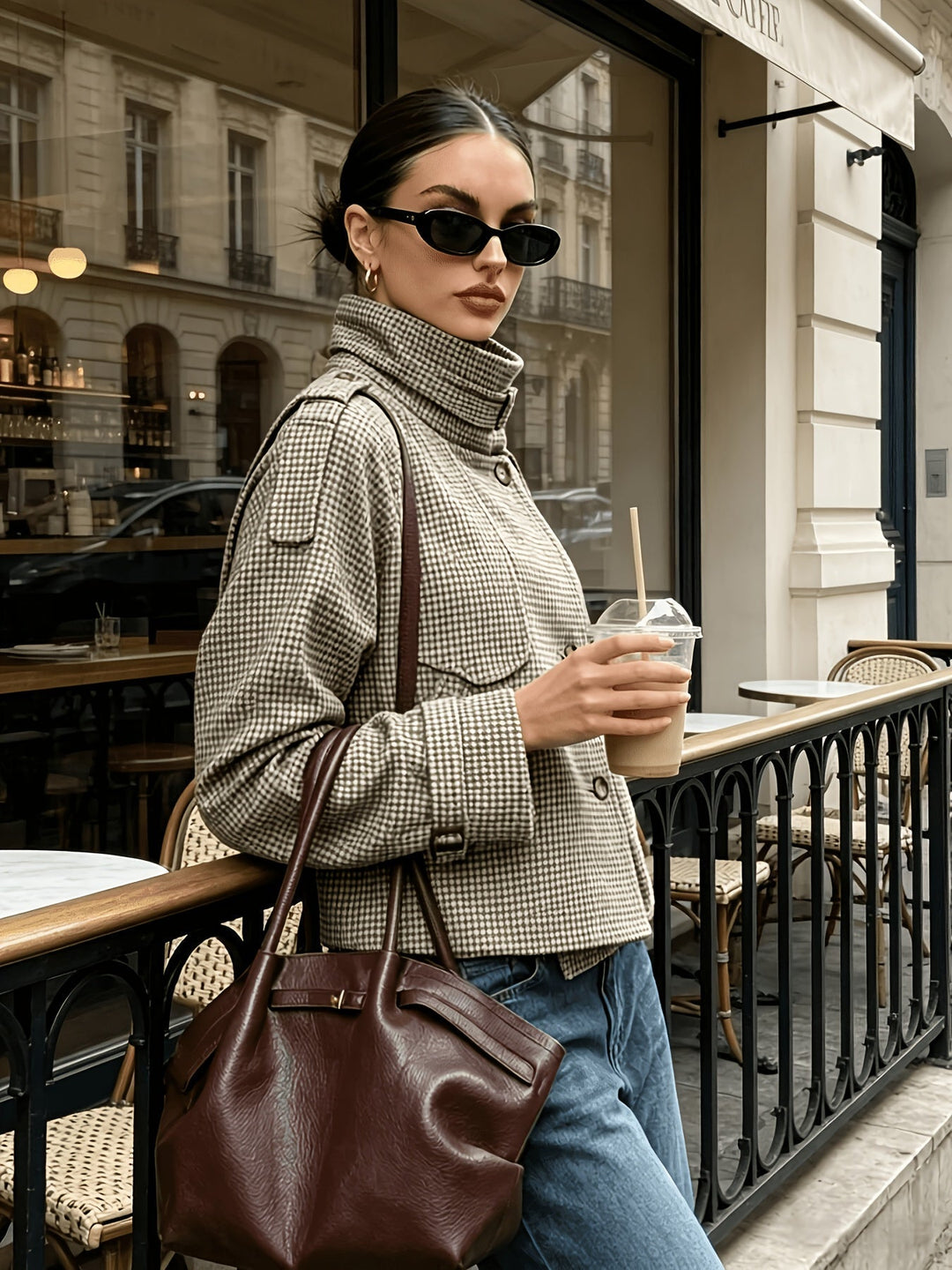 Women's Stand-Collar Houndstooth Jacket