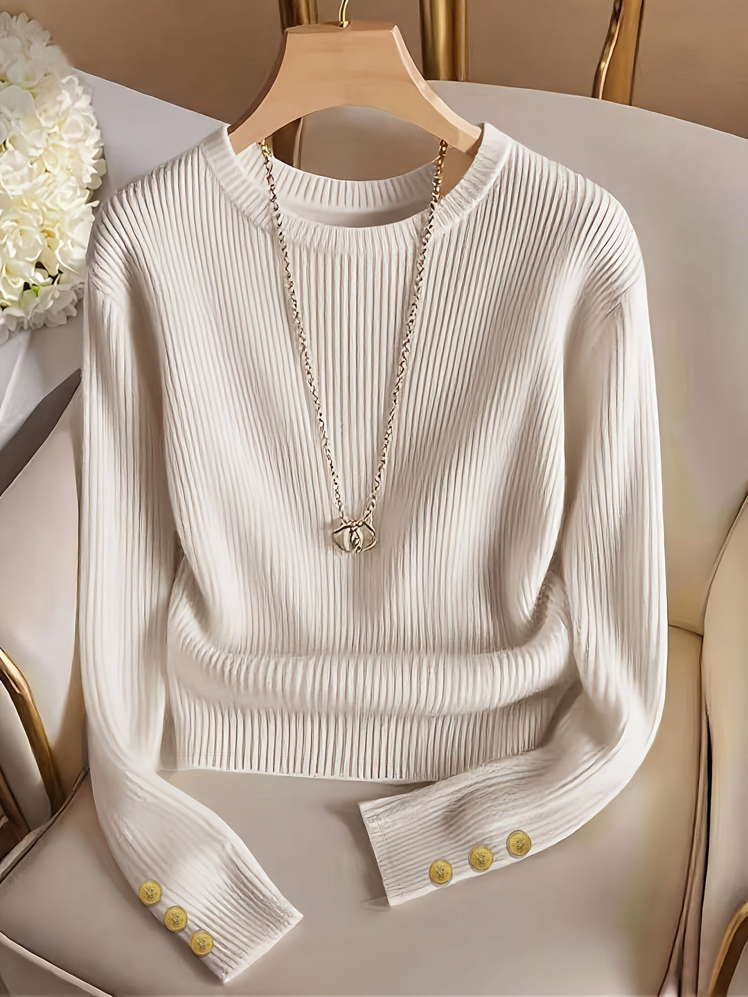 Ribbed Button-Cuff Sweater for Women