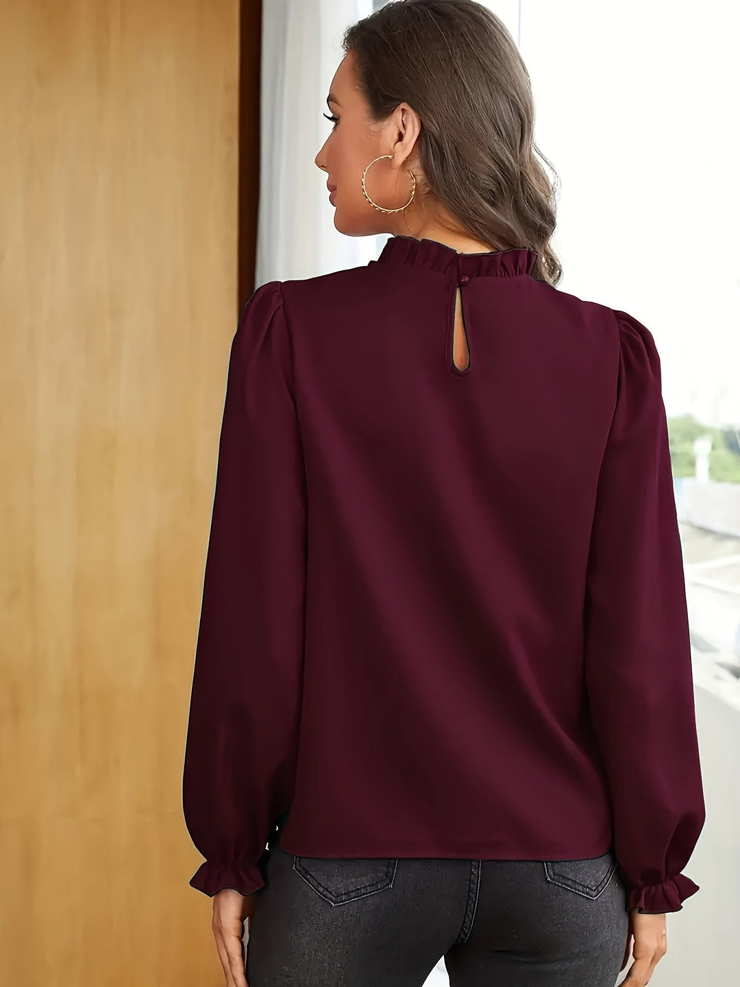 Ruffled High-Neck Puff Sleeve Blouse for Women