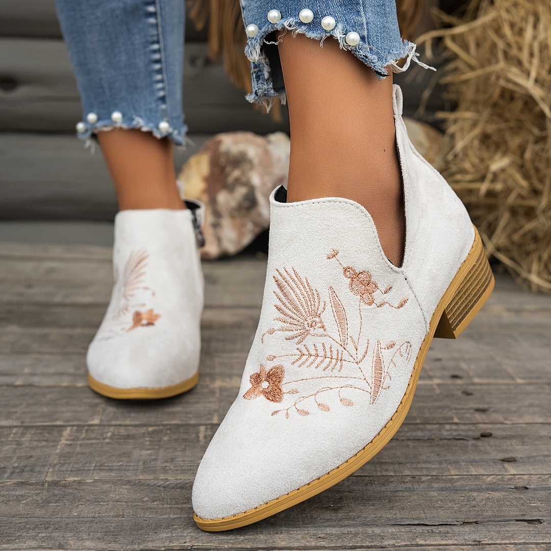 Embroidered Low-Heel Ankle Boots for Women