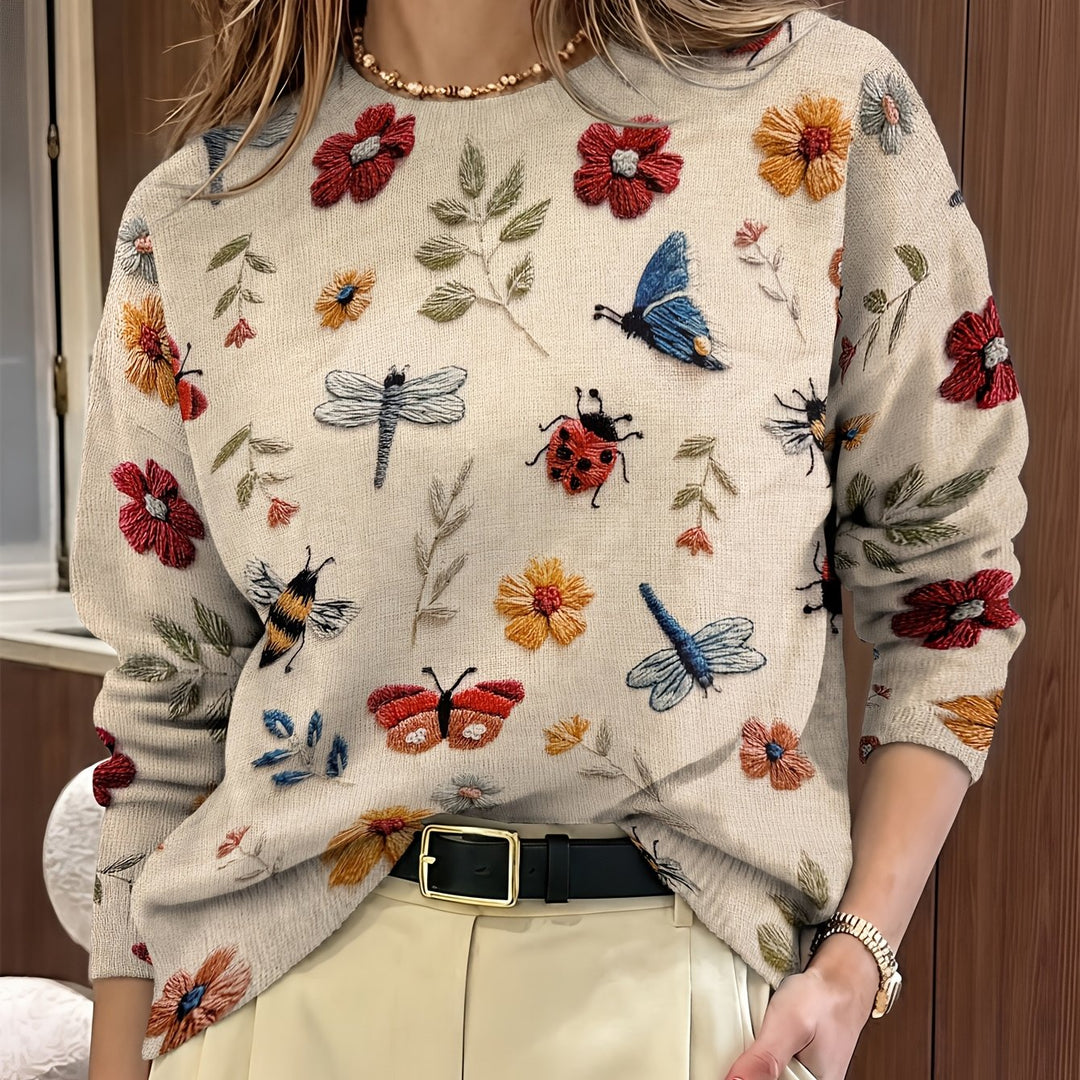 Botanical Print Crewneck Sweater for Women