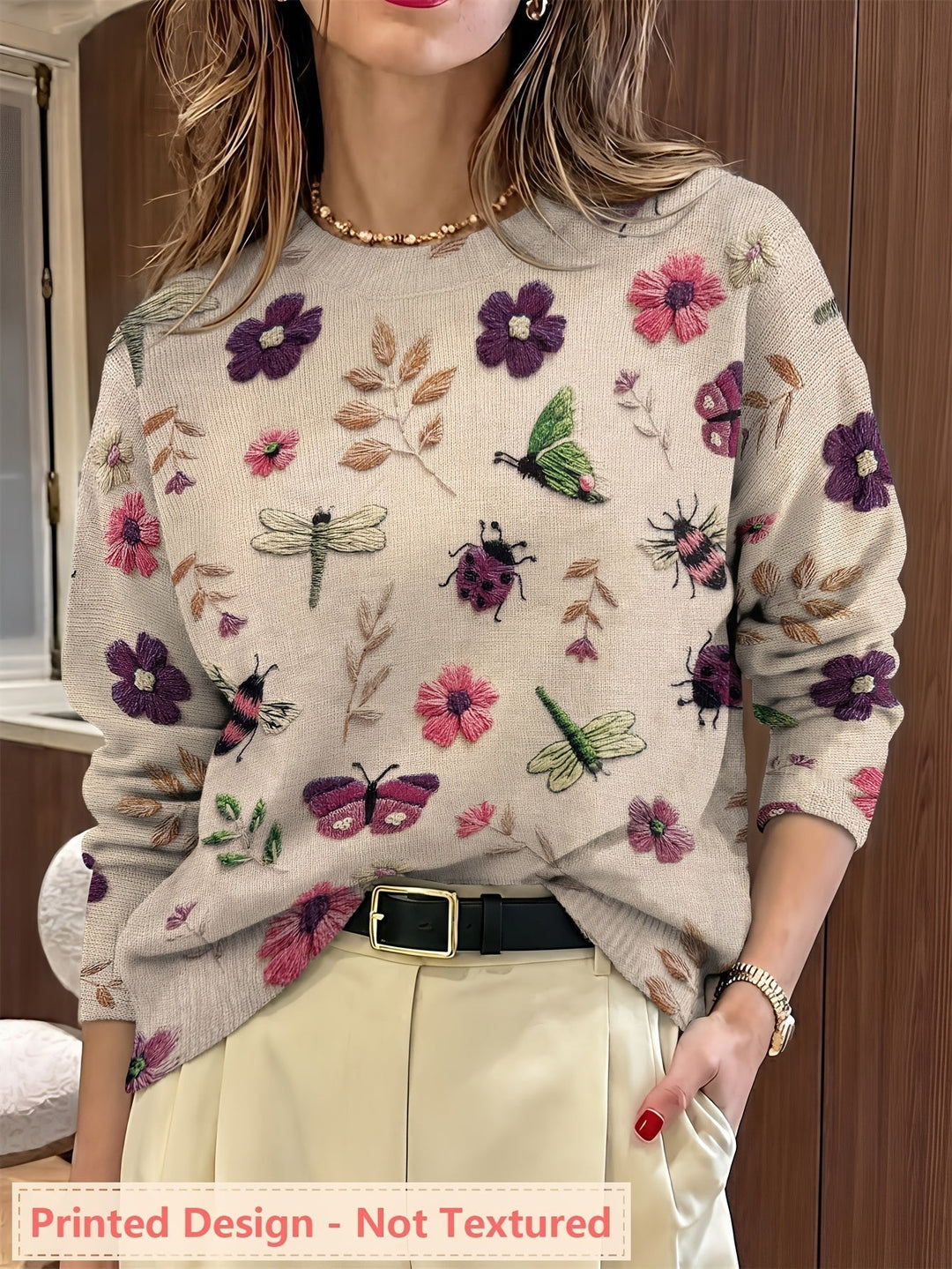 Botanical Print Crewneck Sweater for Women