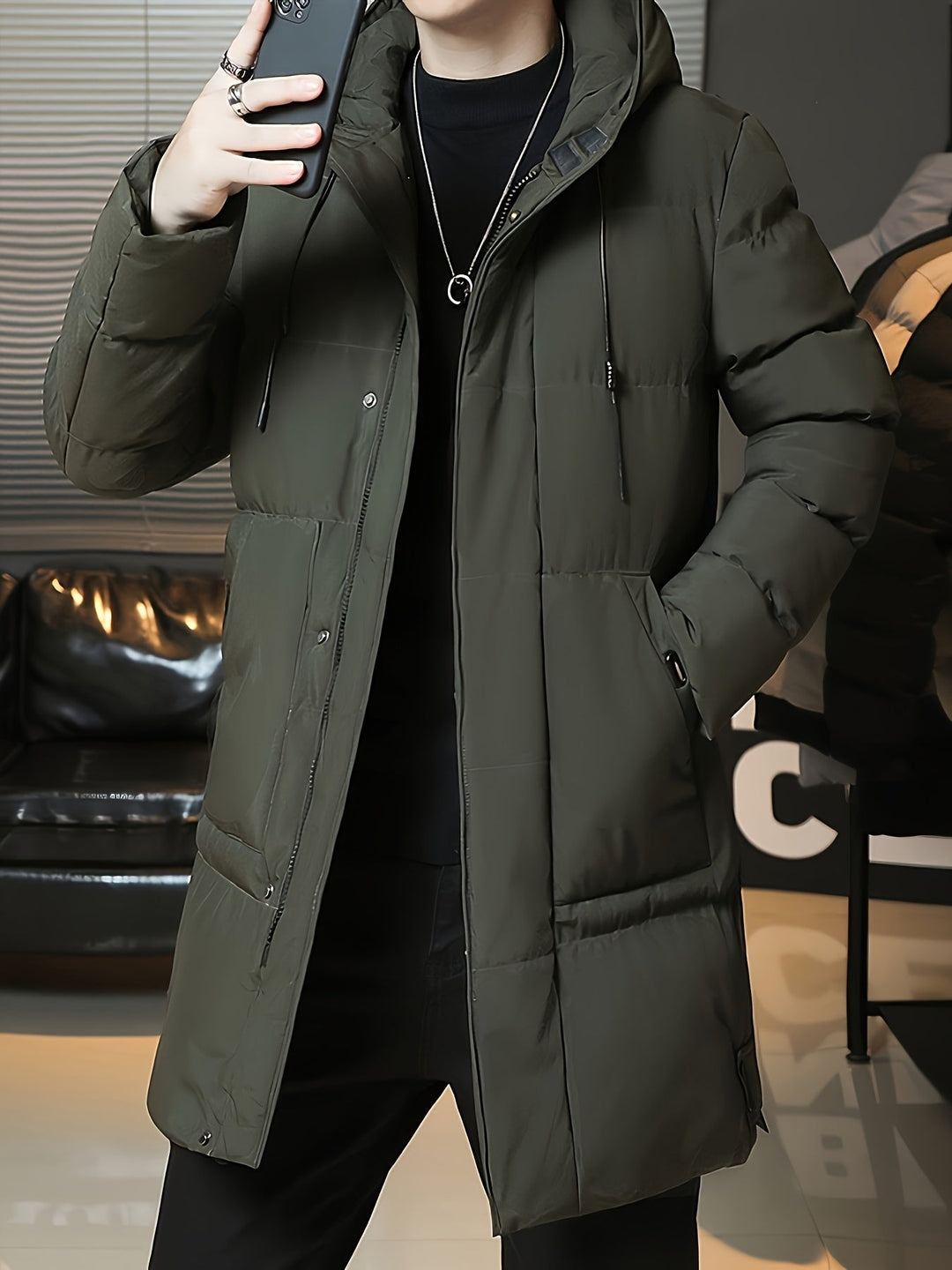 Hooded Longline Puffer Coat for Men, Plus Size