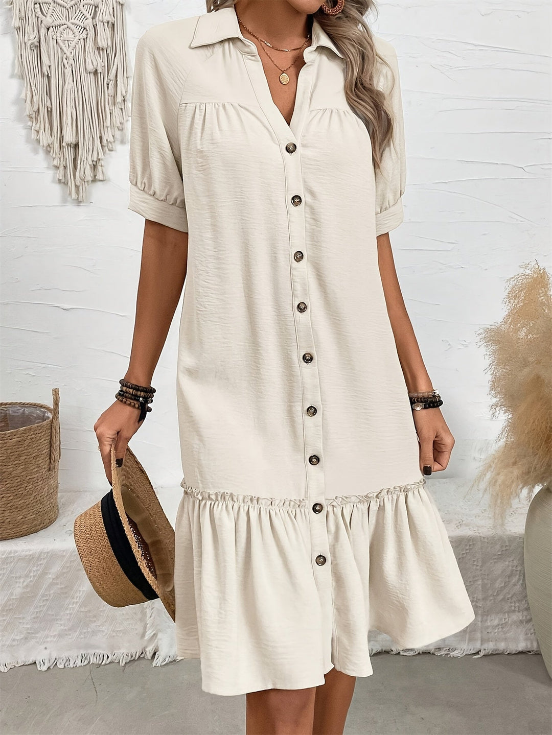 Buttoned Boho Midi Dress for Women