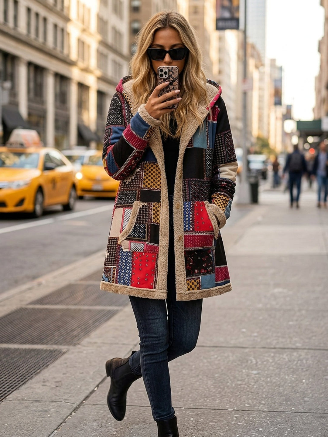 Multicolour Print Patchwork Hooded Jacket for Women
