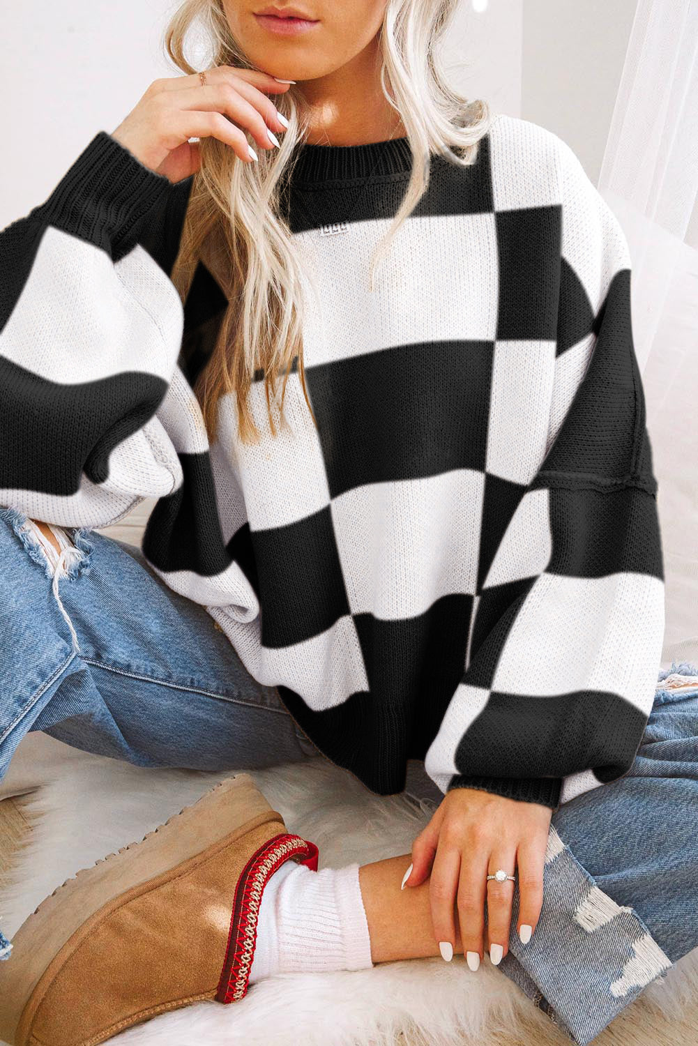 Women's Balloon Sleeve Plaid Sweater