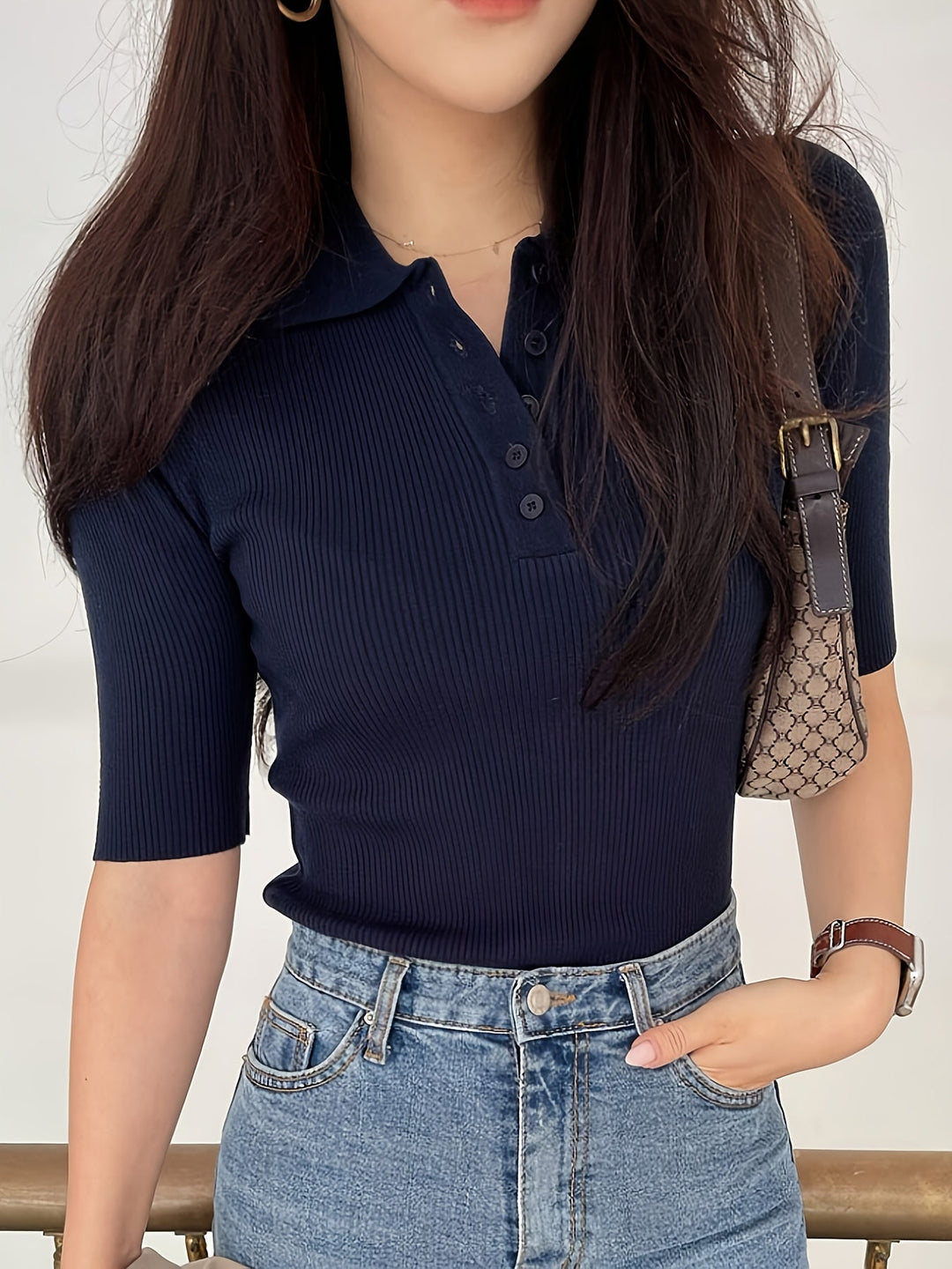 Navy Ribbed Collared Top for Women
