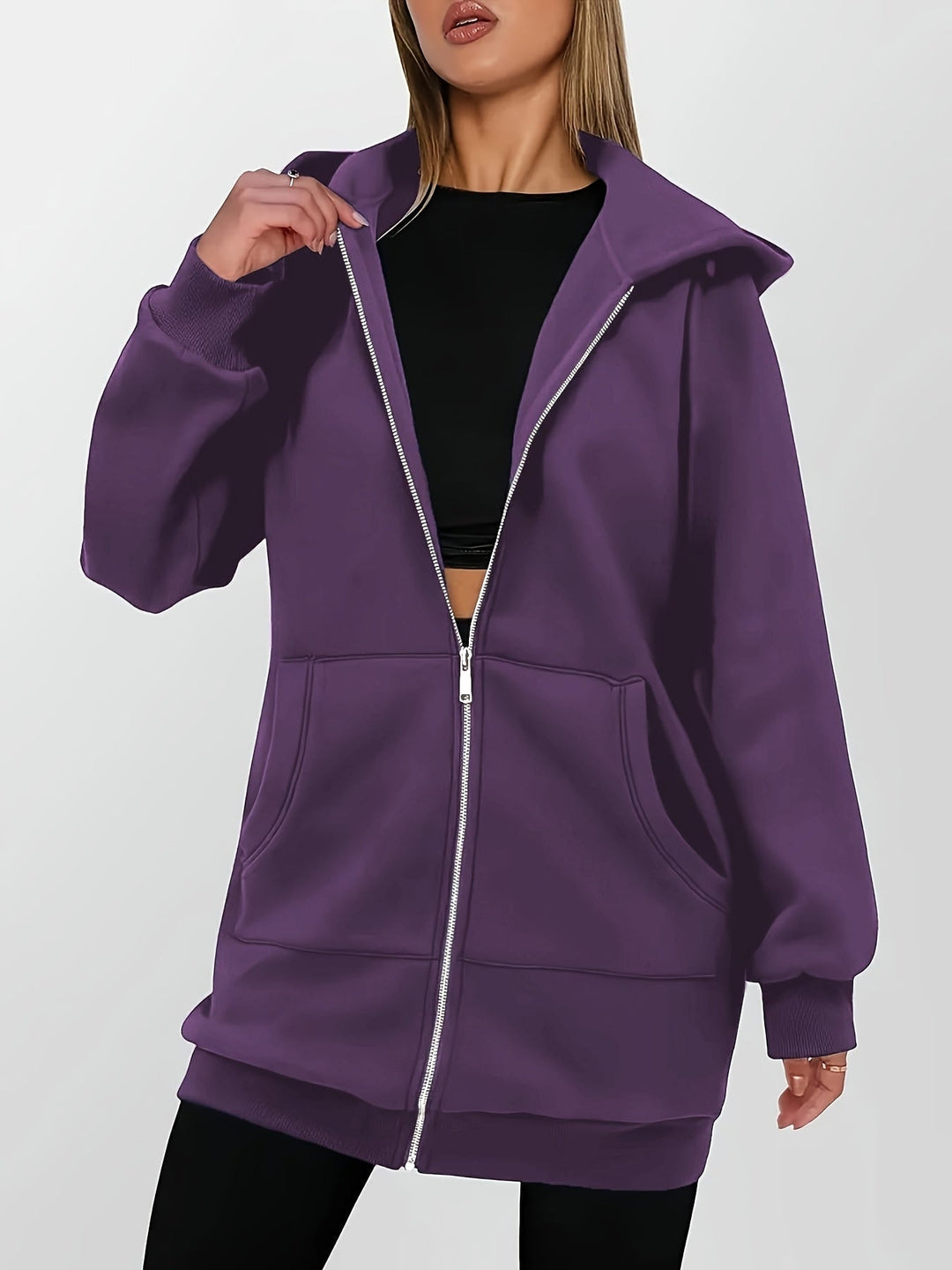 Purple Longline Hooded Zip Jacket for Women