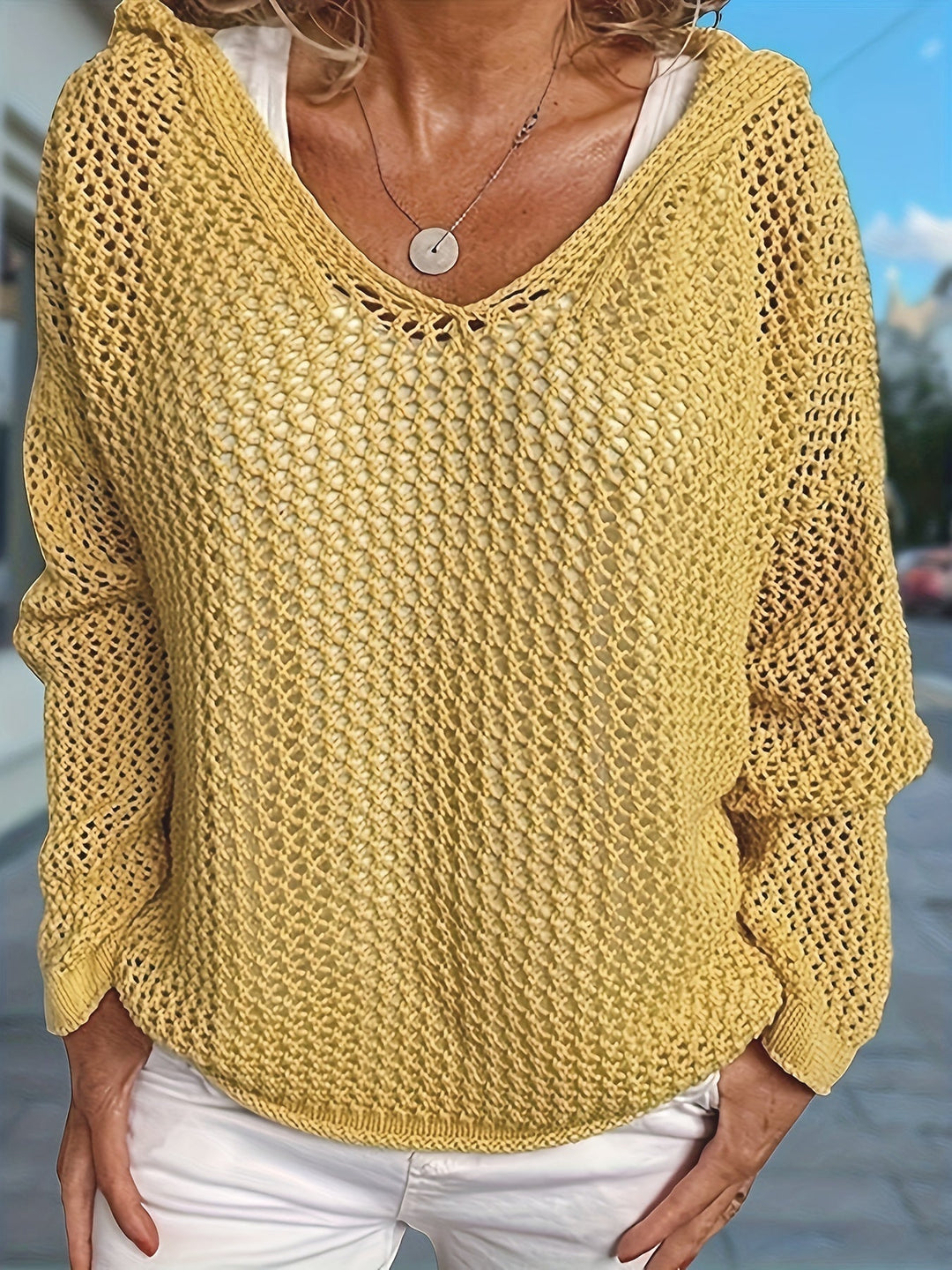 Open-Knit Hooded Sweater for Women, Relaxed Style